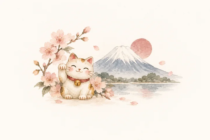 Watercolor lucky cat beside Mount Fuji